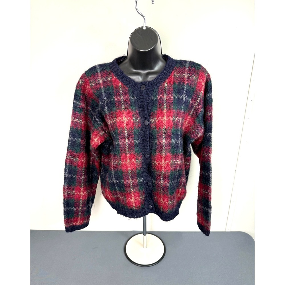 Vintage Mohair Plaid Cardigan Womens Medium Paul Harris Design Red Blue Knit